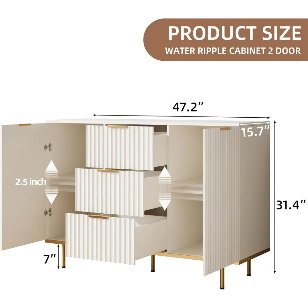 Fluted Sideboard Cabinet, Buffets & Sideboards, 2 Door 3 Drawer Design, Elegant White Sideboard - Acceent Cabinet