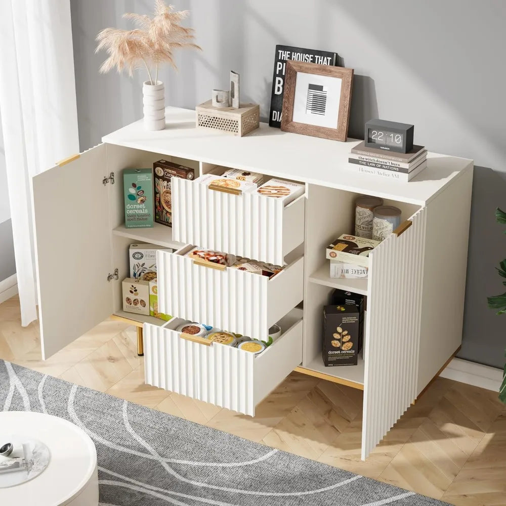 Fluted Sideboard Cabinet, Buffets & Sideboards, 2 Door 3 Drawer Design, Elegant White Sideboard - Acceent Cabinet