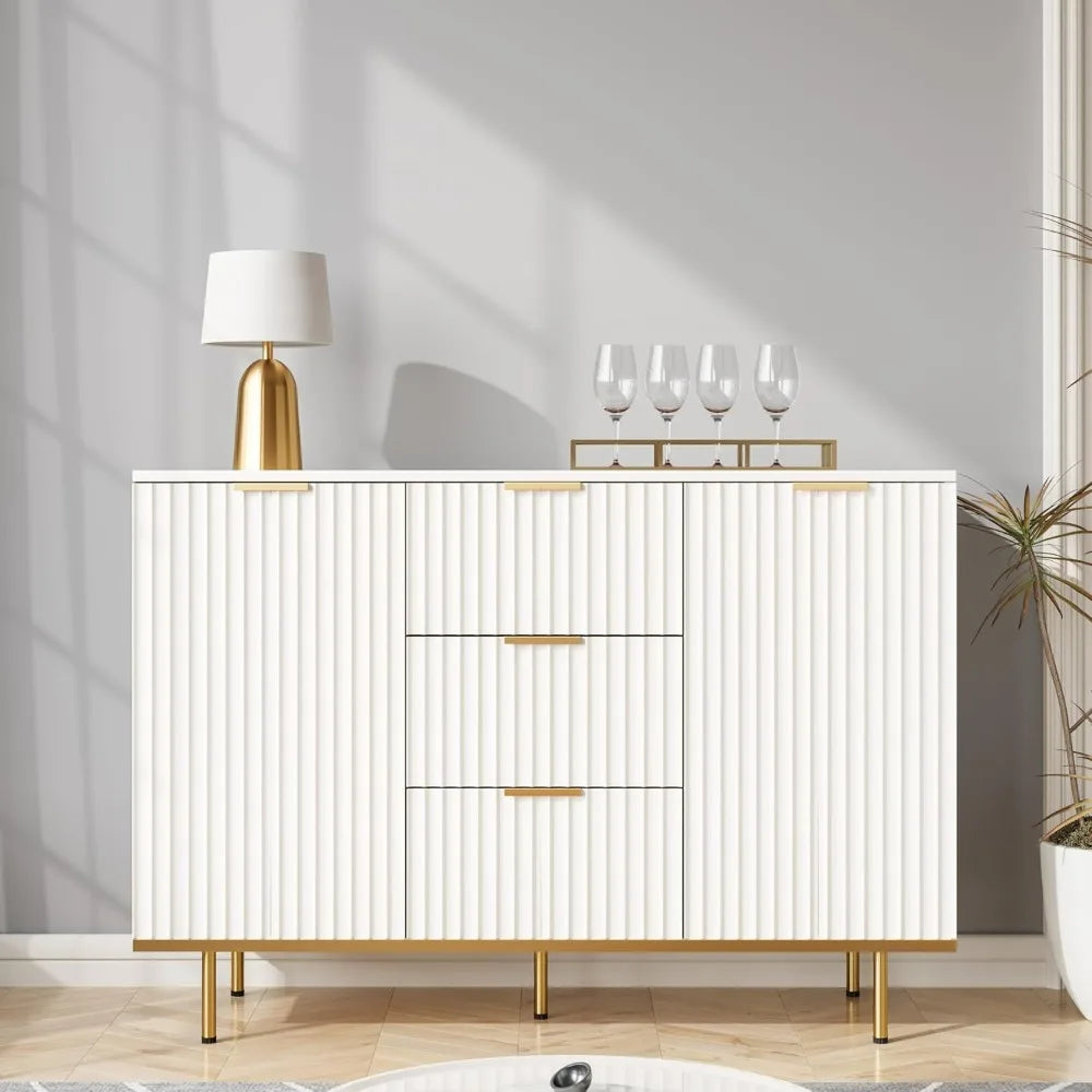 Fluted Sideboard Cabinet, Buffets & Sideboards, 2 Door 3 Drawer Design, Elegant White Sideboard - Acceent Cabinet