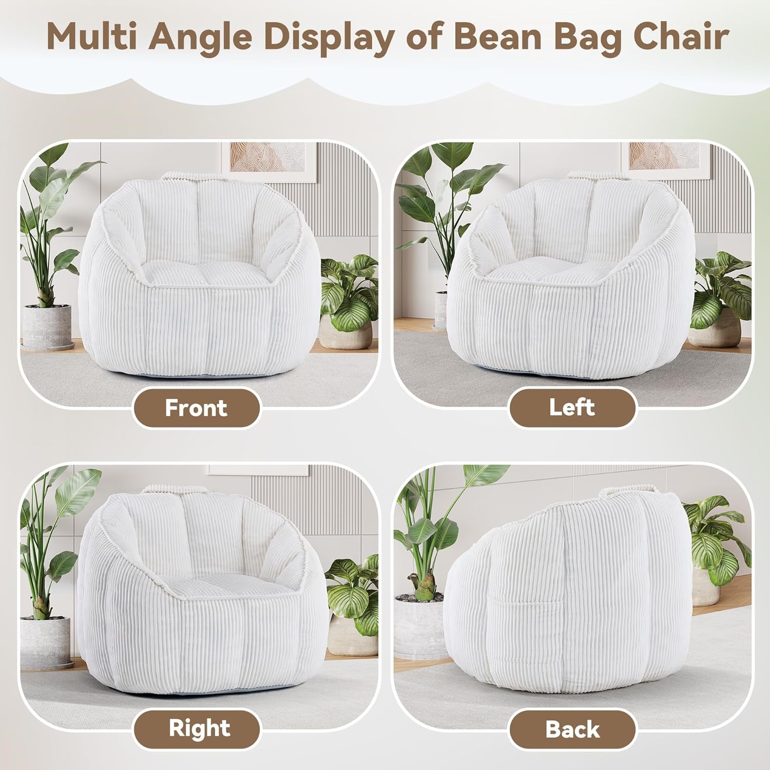 4 Ft Giant Bean Bag Chair for Adults, Corduroy Large Bean Bag Chairs with Memory Foam Filling & Armrests, Oversized Shell Shaped Plush Bean Bag, Cozy & Fluffy, Anti-Slip Bottom, Spacious Beanbag Chair