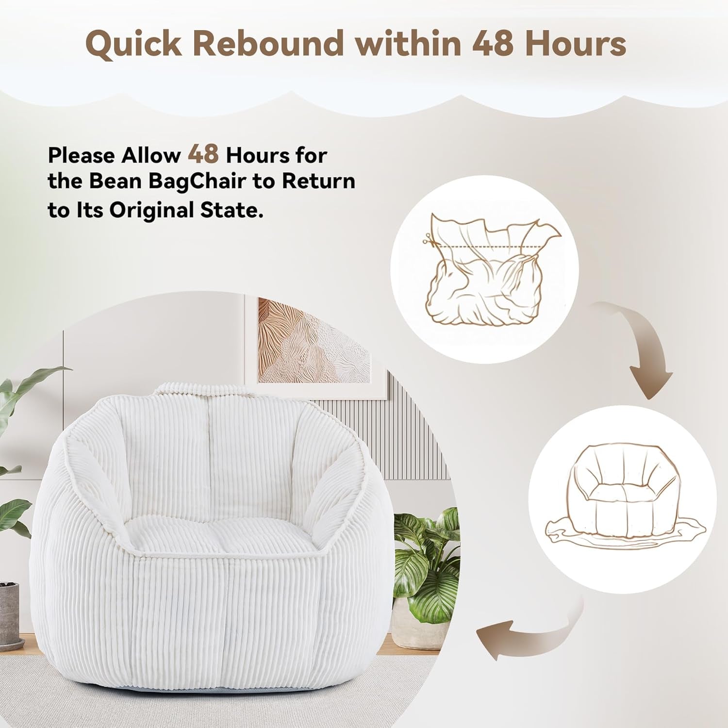 4 Ft Giant Bean Bag Chair for Adults, Corduroy Large Bean Bag Chairs with Memory Foam Filling & Armrests, Oversized Shell Shaped Plush Bean Bag, Cozy & Fluffy, Anti-Slip Bottom, Spacious Beanbag Chair