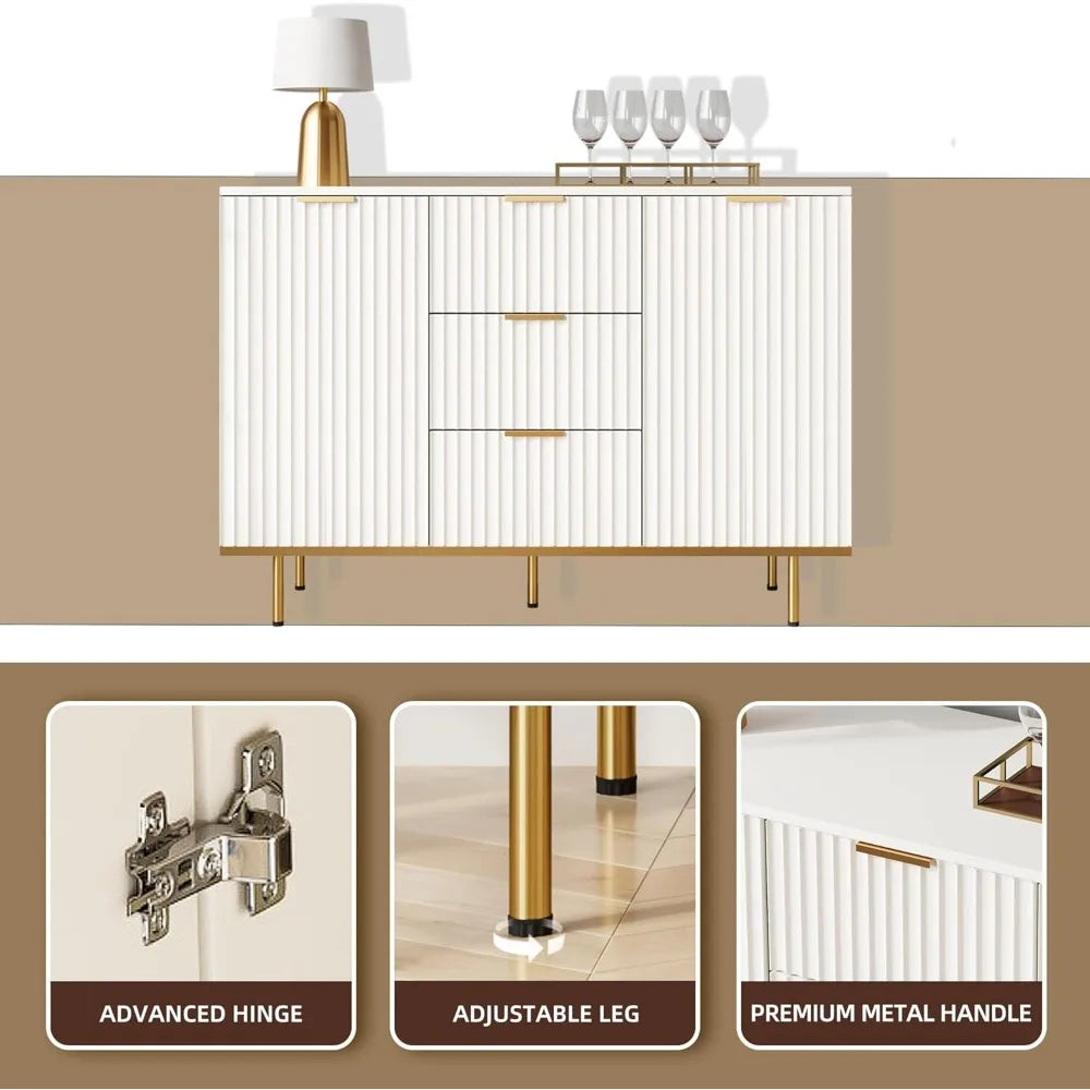 Fluted Sideboard Cabinet, Buffets & Sideboards, 2 Door 3 Drawer Design, Elegant White Sideboard - Acceent Cabinet