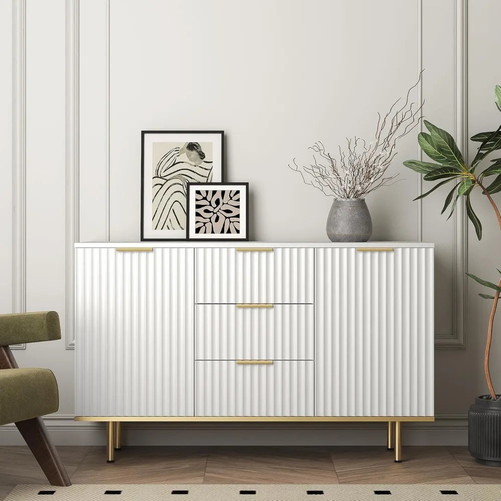 Fluted Sideboard Cabinet, Buffets & Sideboards, 2 Door 3 Drawer Design, Elegant White Sideboard - Acceent Cabinet