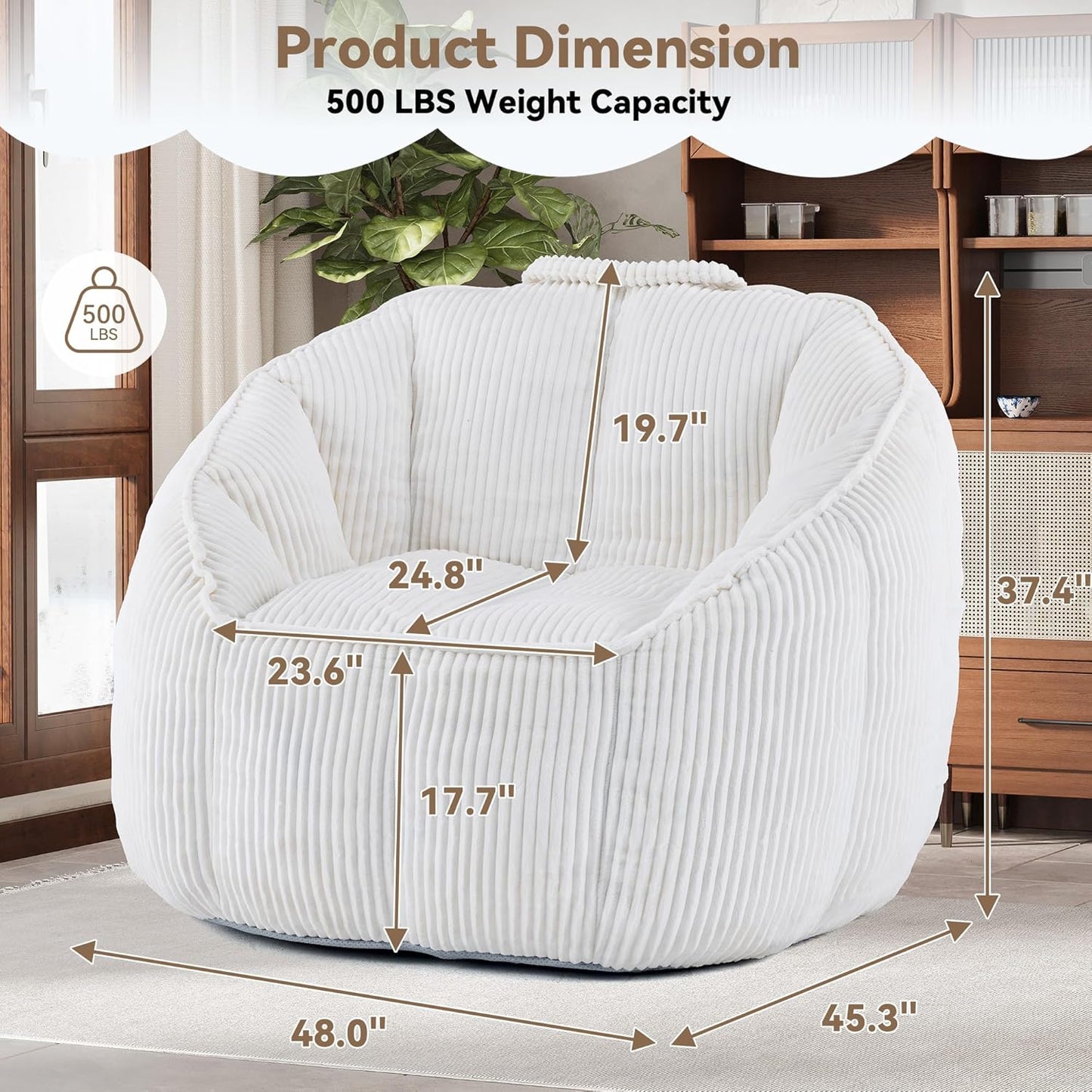 4 Ft Giant Bean Bag Chair for Adults, Corduroy Large Bean Bag Chairs with Memory Foam Filling & Armrests, Oversized Shell Shaped Plush Bean Bag, Cozy & Fluffy, Anti-Slip Bottom, Spacious Beanbag Chair