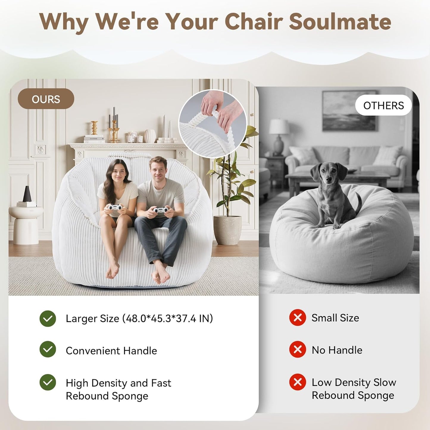 4 Ft Giant Bean Bag Chair for Adults, Corduroy Large Bean Bag Chairs with Memory Foam Filling & Armrests, Oversized Shell Shaped Plush Bean Bag, Cozy & Fluffy, Anti-Slip Bottom, Spacious Beanbag Chair