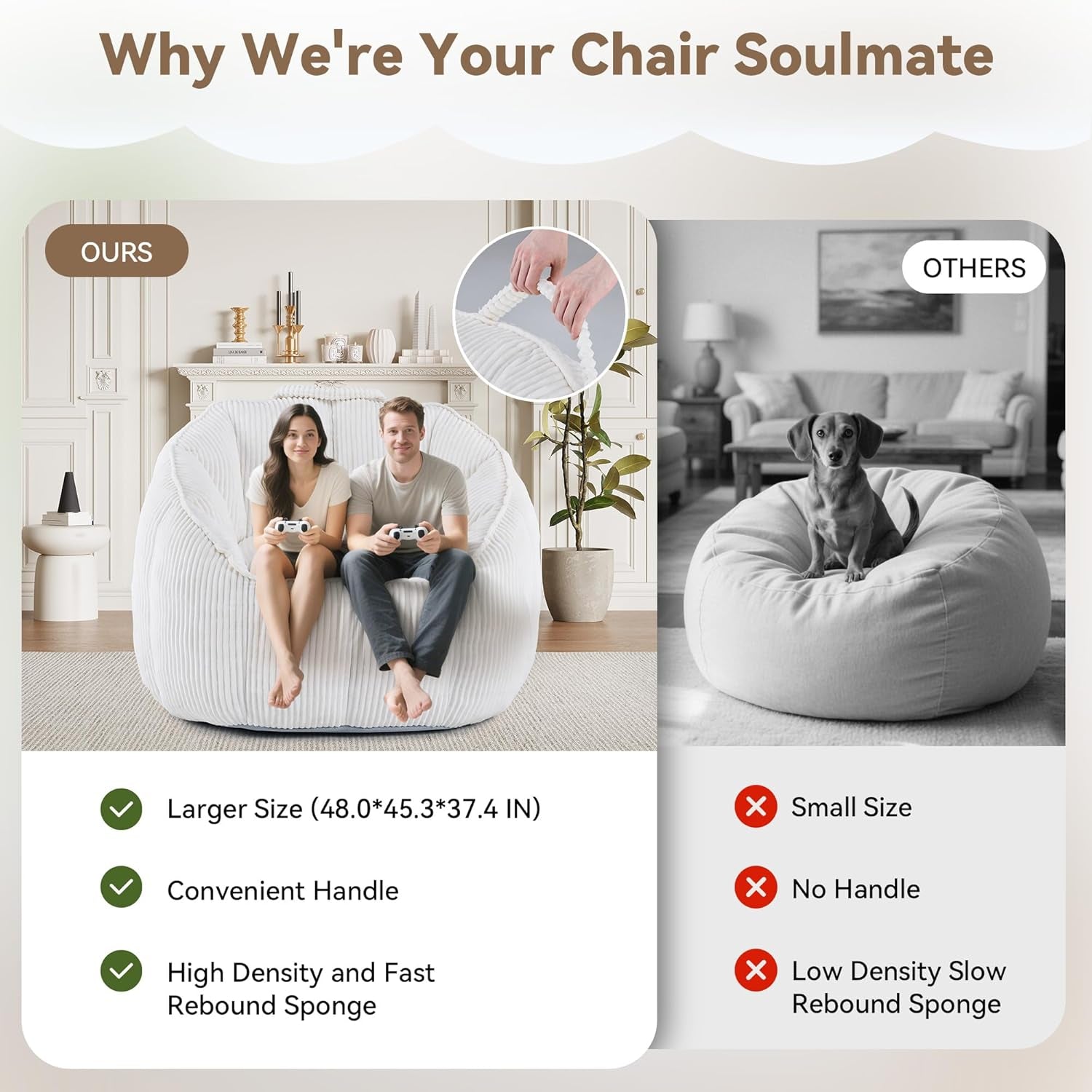 4 Ft Giant Bean Bag Chair for Adults, Corduroy Large Bean Bag Chairs with Memory Foam Filling & Armrests, Oversized Shell Shaped Plush Bean Bag, Cozy & Fluffy, Anti-Slip Bottom, Spacious Beanbag Chair