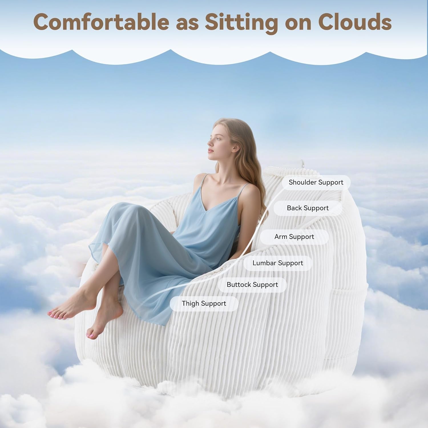 4 Ft Giant Bean Bag Chair for Adults, Corduroy Large Bean Bag Chairs with Memory Foam Filling & Armrests, Oversized Shell Shaped Plush Bean Bag, Cozy & Fluffy, Anti-Slip Bottom, Spacious Beanbag Chair
