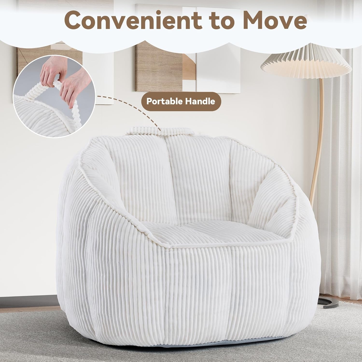 4 Ft Giant Bean Bag Chair for Adults, Corduroy Large Bean Bag Chairs with Memory Foam Filling & Armrests, Oversized Shell Shaped Plush Bean Bag, Cozy & Fluffy, Anti-Slip Bottom, Spacious Beanbag Chair
